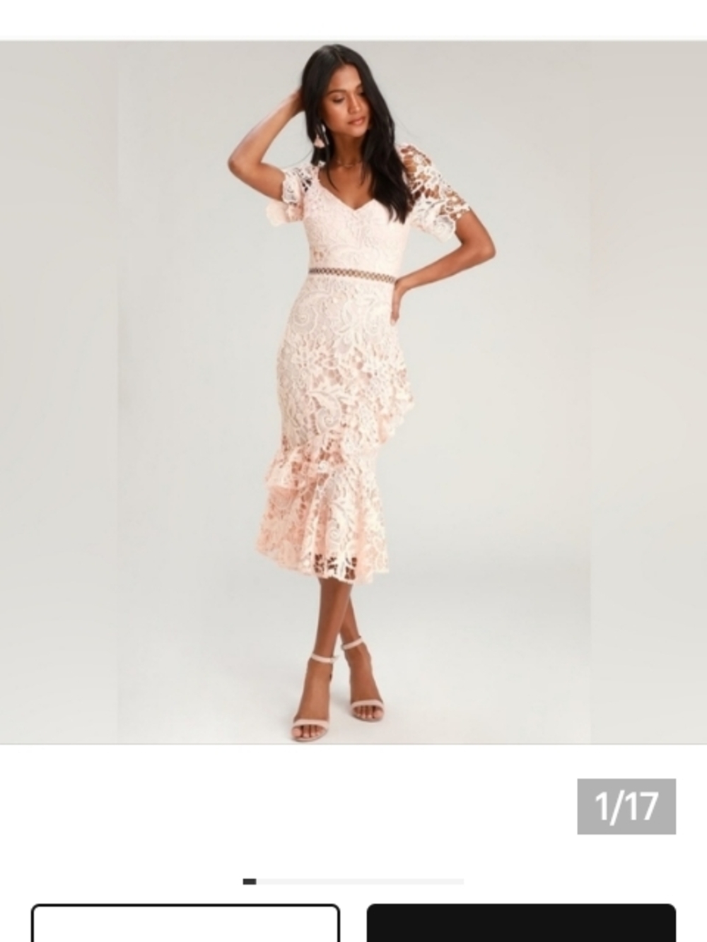 Lulu's Pale Pink Lace Midi Dress with Ruffle Hem